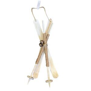 Pottery Barn Decorative White Skis Ornament Bell Twine Accent 10” NWT
